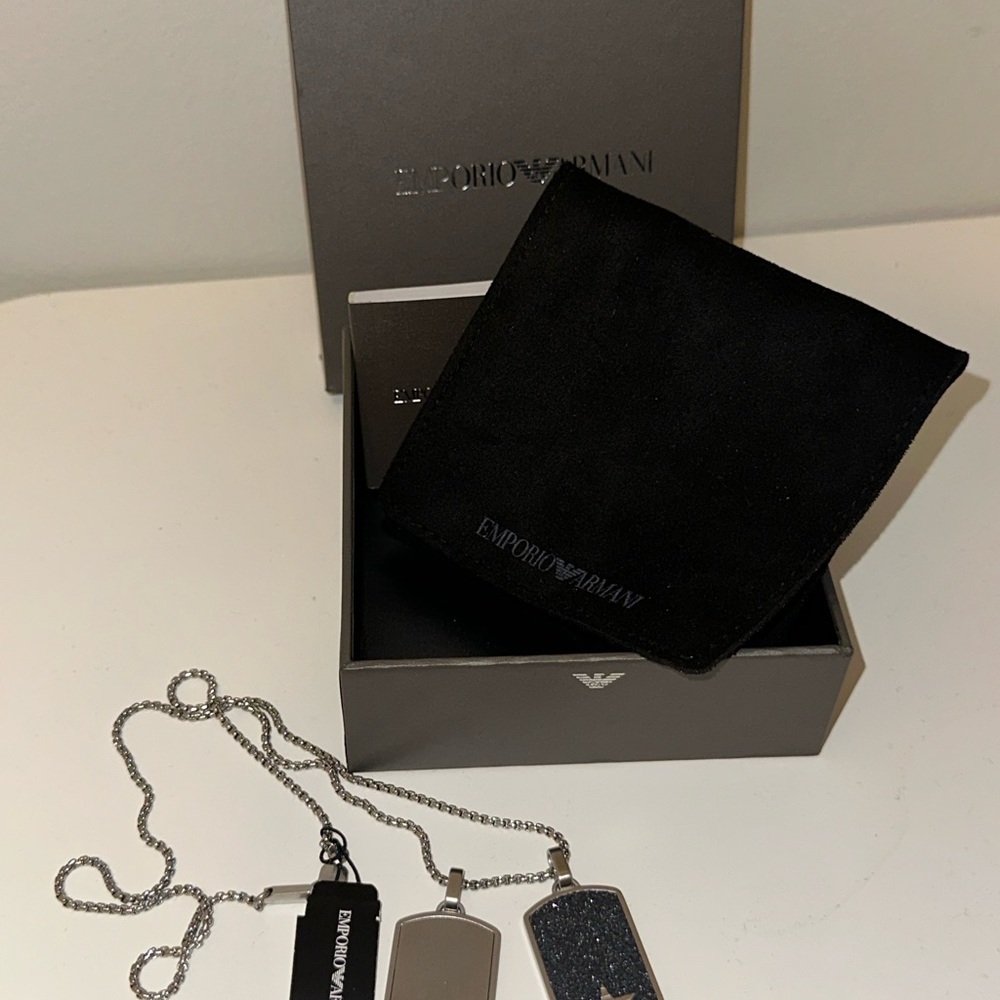 Emporio Armani Silver-Tone Double Dog Tag Necklace with Black Inlay
